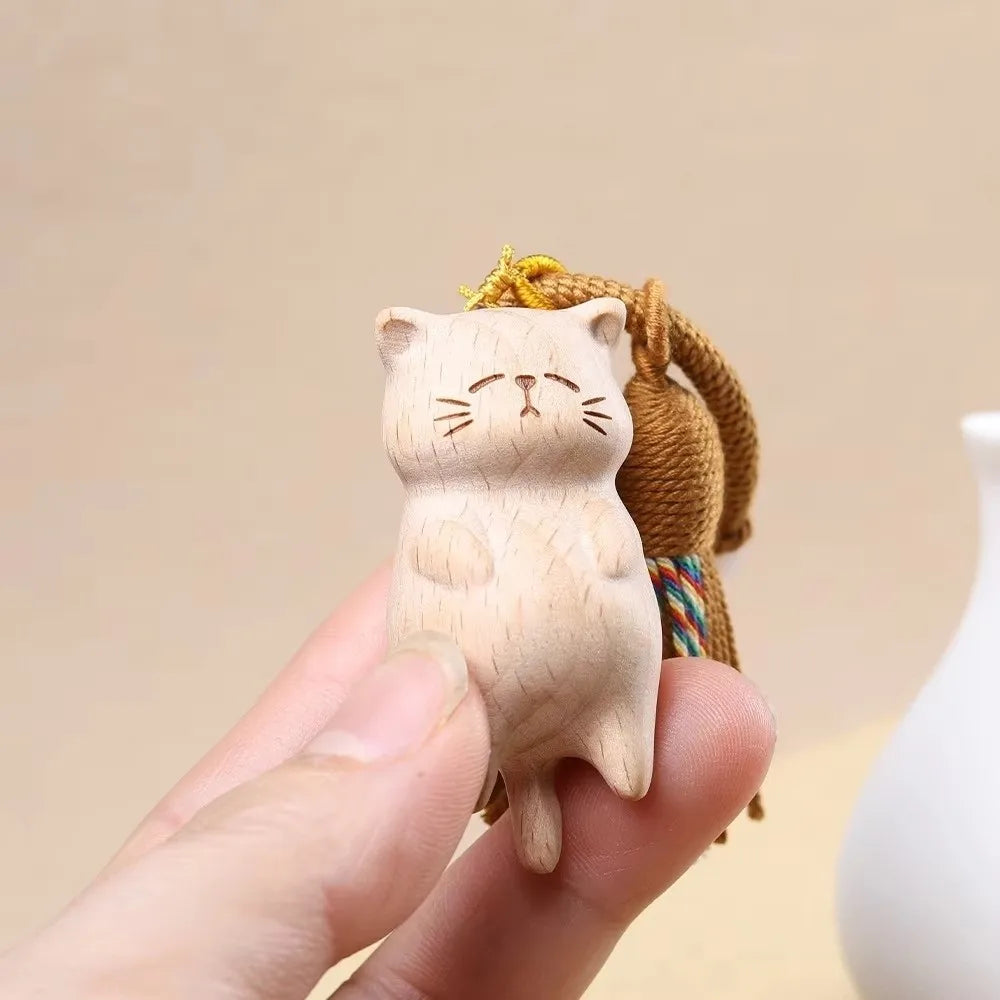 Tassel Handcrafted Wooden Cat Pendant Bags Decoration Wooden Material Cat Keychain Money Catching Cat Bag Pendant