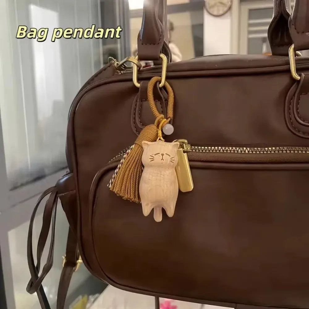 Tassel Handcrafted Wooden Cat Pendant Bags Decoration Wooden Material Cat Keychain Money Catching Cat Bag Pendant