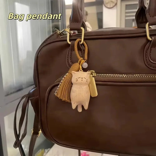 Tassel Handcrafted Wooden Cat Pendant Bags Decoration Wooden Material Cat Keychain Money Catching Cat Bag Pendant