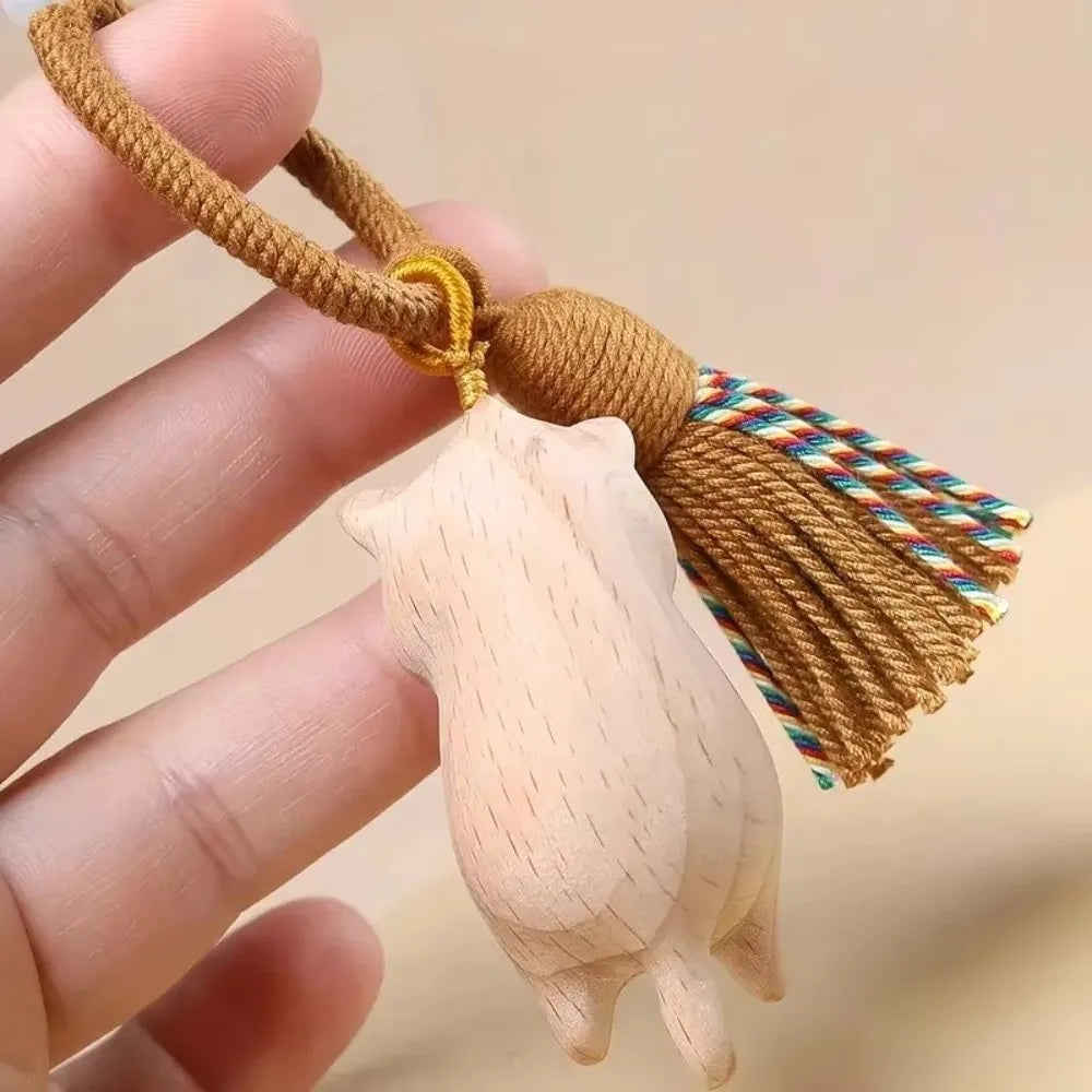 Tassel Handcrafted Wooden Cat Pendant Bags Decoration Wooden Material Cat Keychain Money Catching Cat Bag Pendant