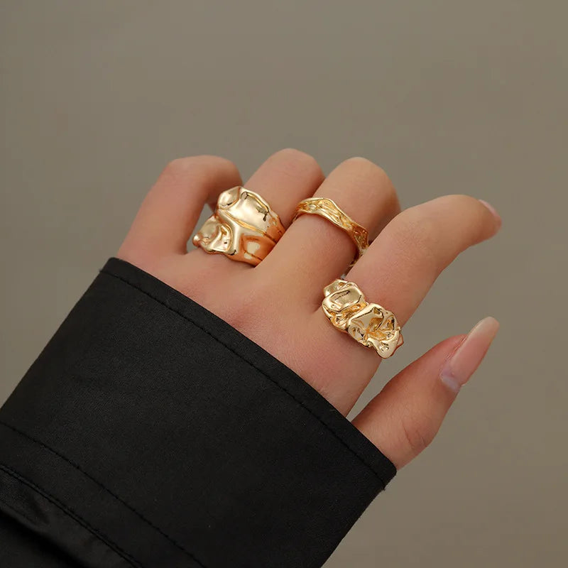 3Pcs Vintage Irregular Pleated Open Ring for Women Men Vintage Punk Liquid Metal Style Finger Y2K Accessories Fashion Jewelry