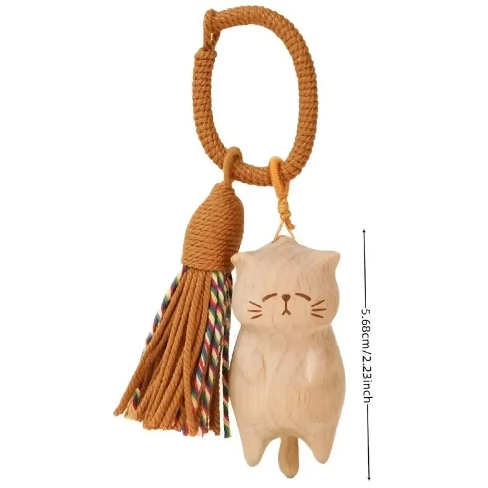 Tassel Handcrafted Wooden Cat Pendant Bags Decoration Wooden Material Cat Keychain Money Catching Cat Bag Pendant