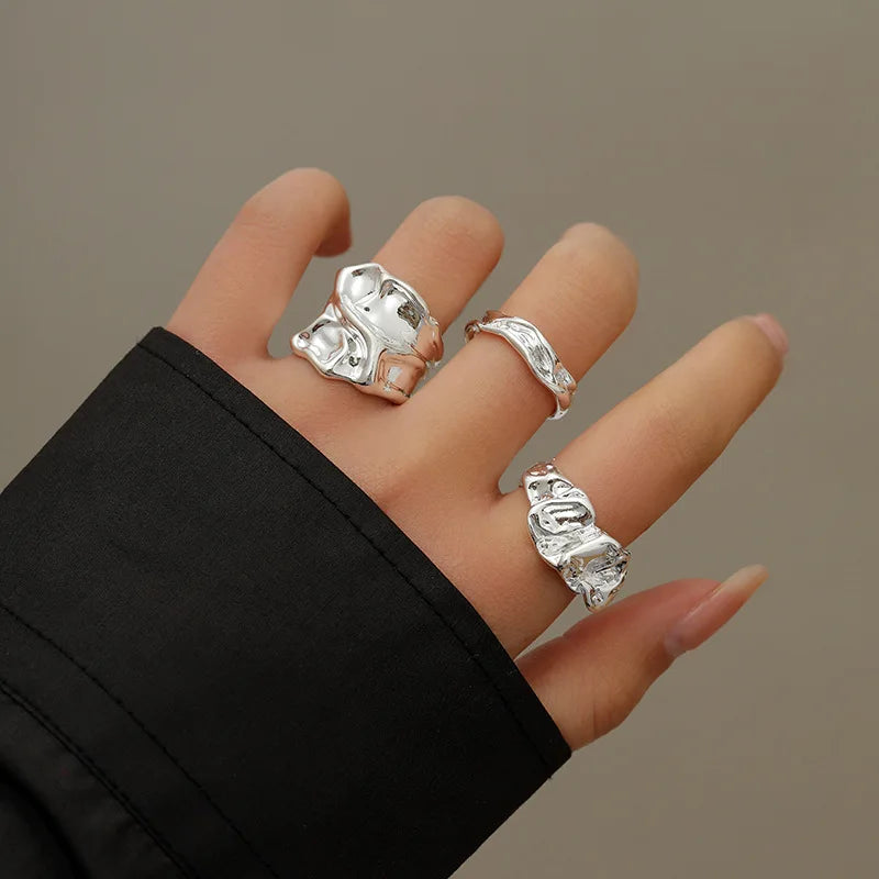 3Pcs Vintage Irregular Pleated Open Ring for Women Men Vintage Punk Liquid Metal Style Finger Y2K Accessories Fashion Jewelry