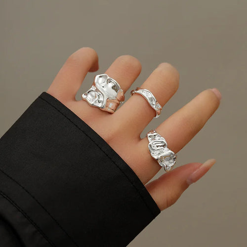 3Pcs Vintage Irregular Pleated Open Ring for Women Men Vintage Punk Liquid Metal Style Finger Y2K Accessories Fashion Jewelry